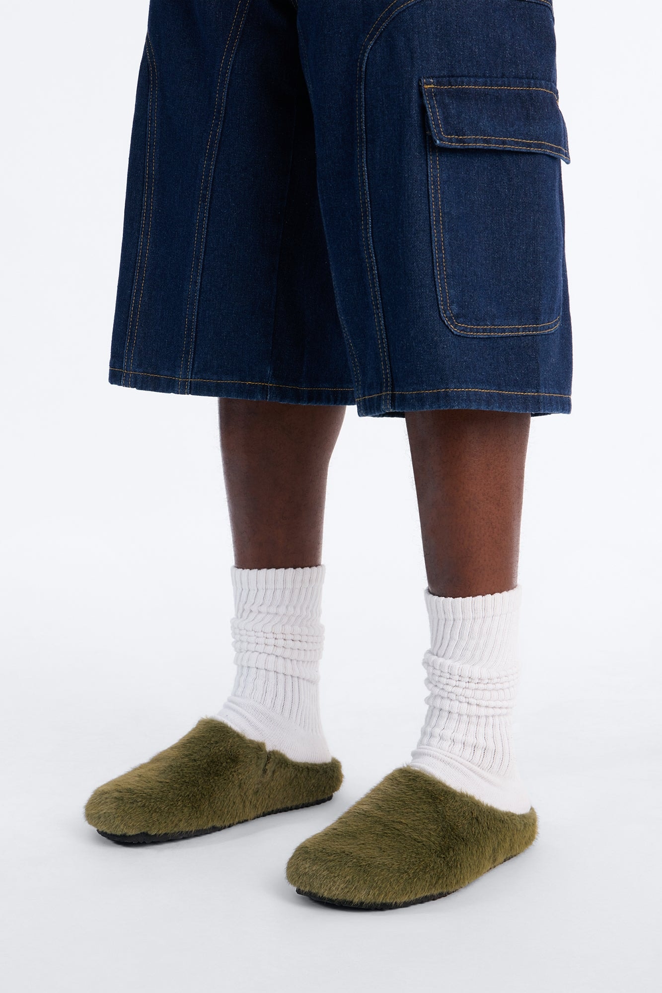 Faux Fur Textured Slip On Slide - Olive image 1