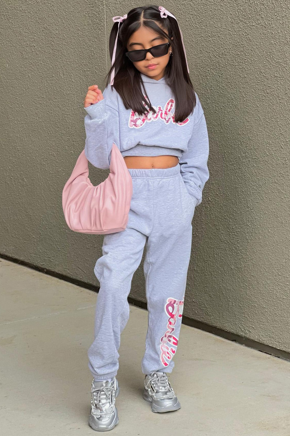 Mini Barbie Girl Fleece Jogger Set - Heather Grey image 1