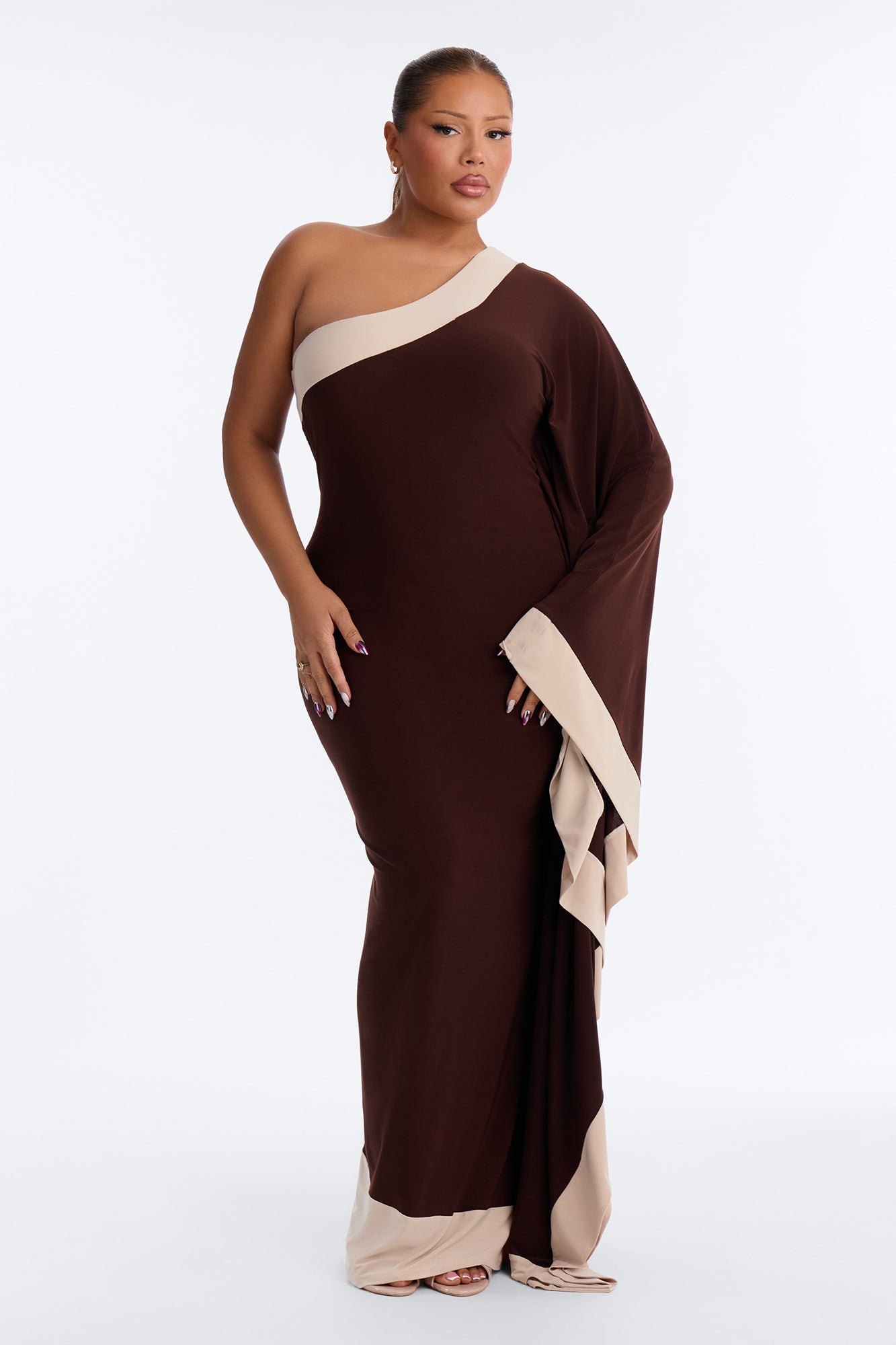 Casually Allure One Shoulder Maxi Dress - Chocolate/Combo image 1