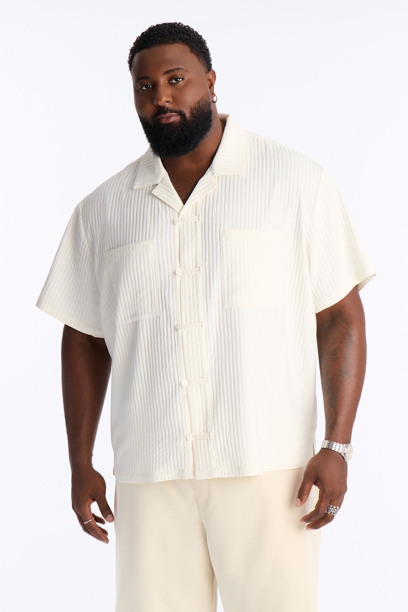 Relaxed Dynasty Cuban Collar Button Up Shirt - Cream image 1