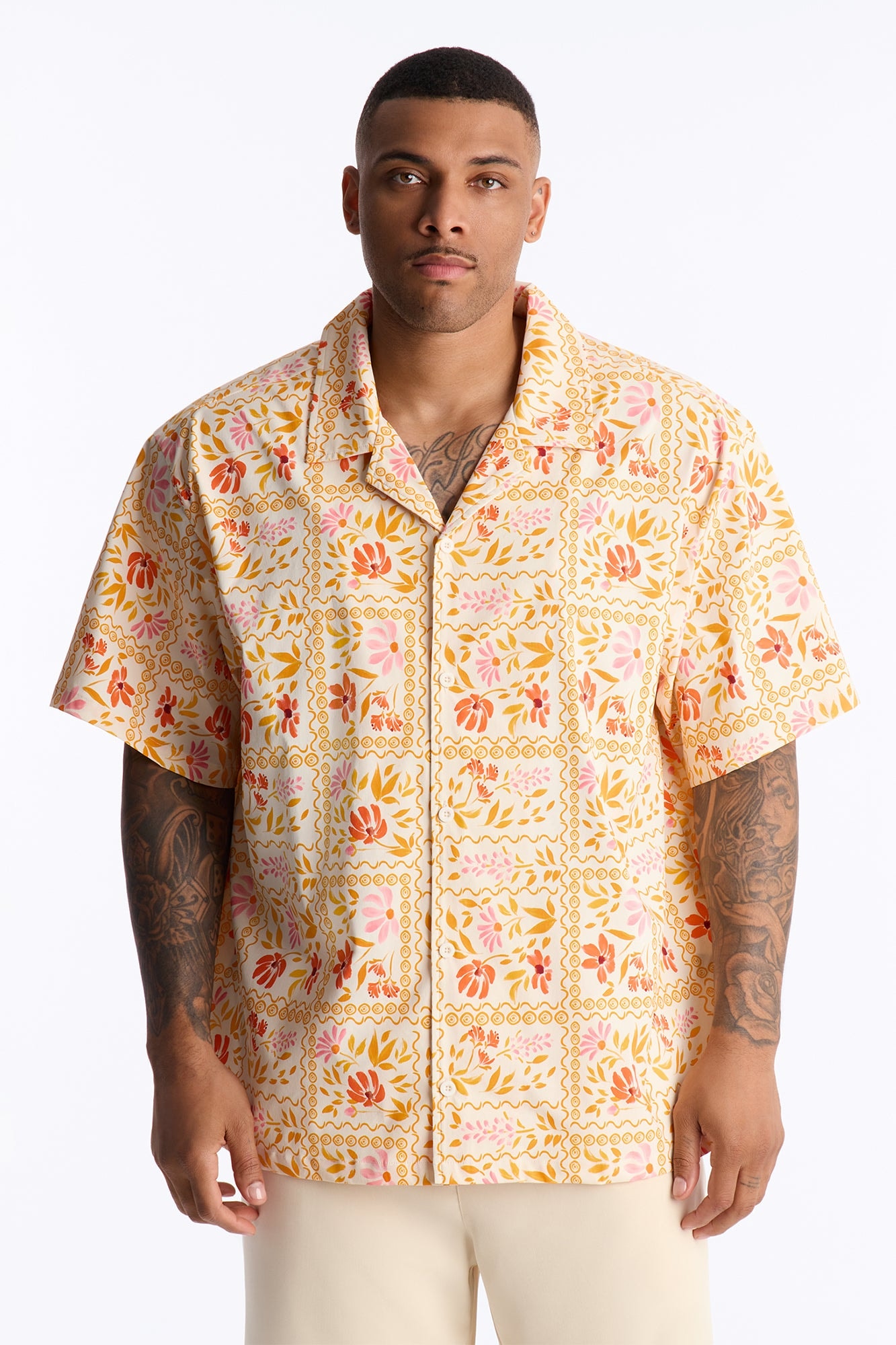Relaxed Gardenia Cuban Collar Button Up Shirt - Orange/combo image 1