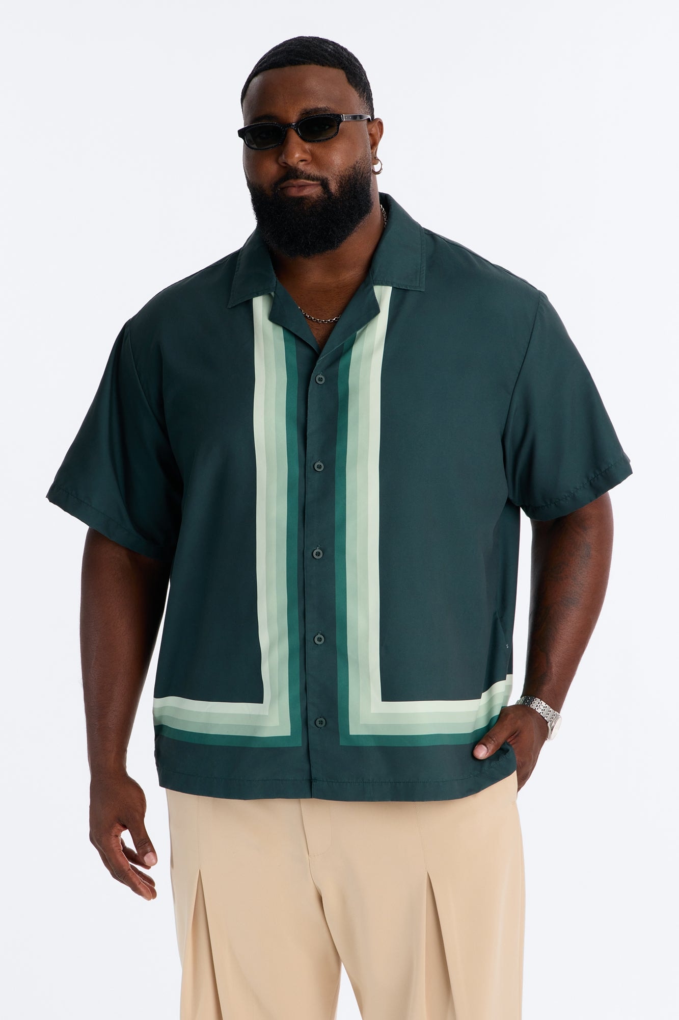 Level Up Relaxed Cuban Collar Button Up Shirt - Green/combo image 1