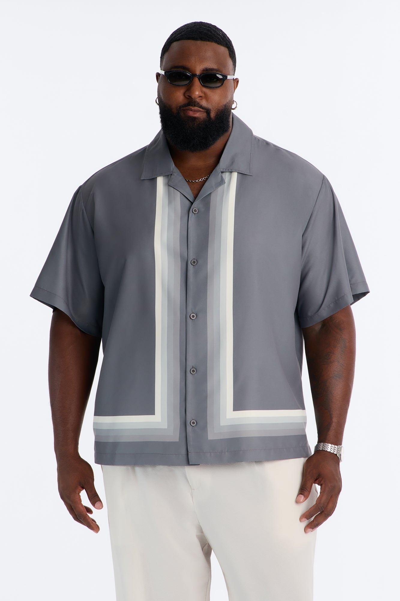 Level Up Relaxed Cuban Collar Button Up Shirt - Grey/combo image 1