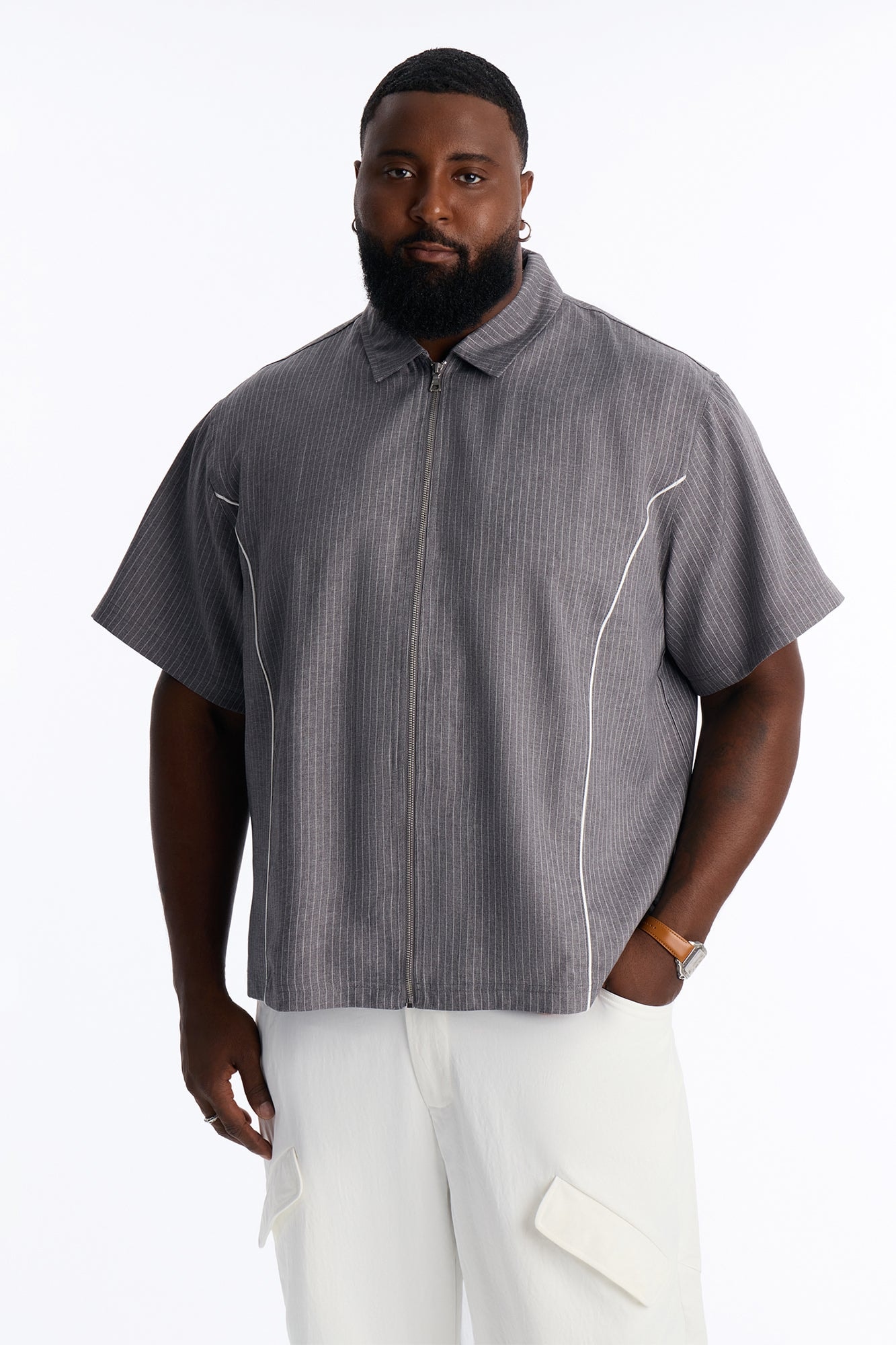 Relaxed Collegiate Pinstripe Zip Up Shirt - Grey/combo image 1