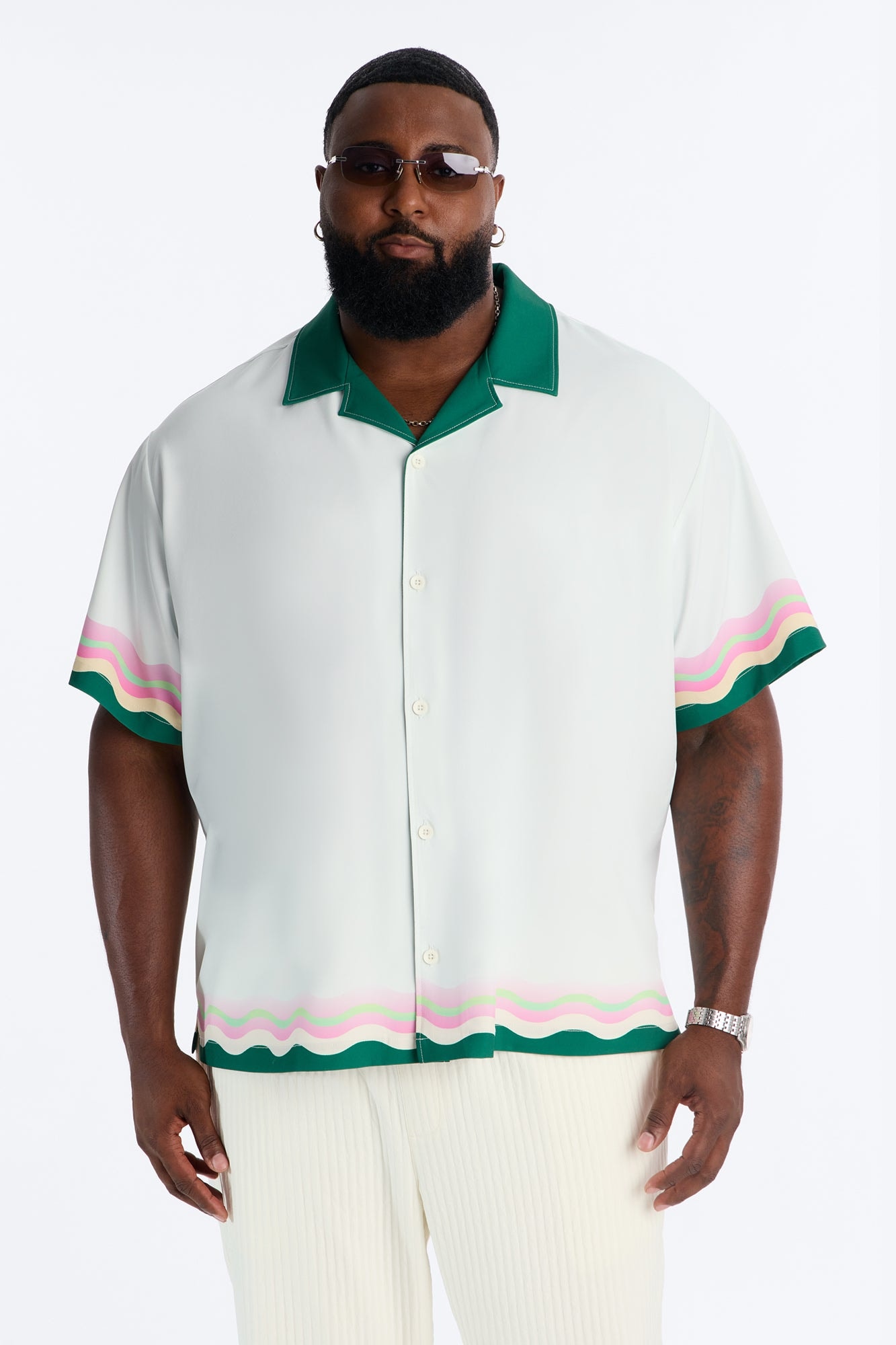 Relaxed Maison Riviera Border Print Cuban Collar Button Up Shirt - Green/combo image 1