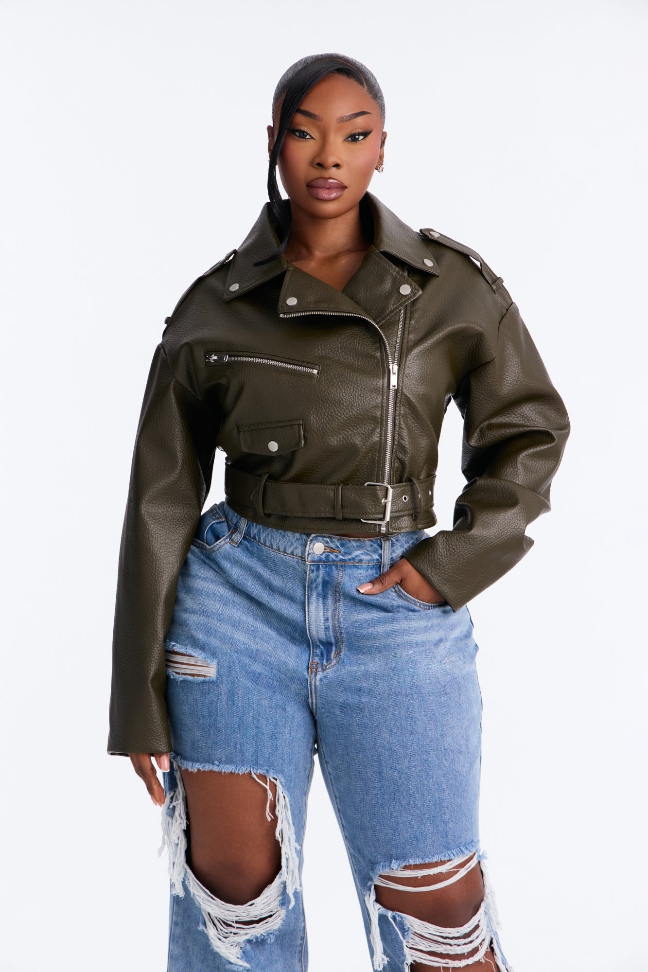 Roxie Faux Leather Jacket - Olive image 1