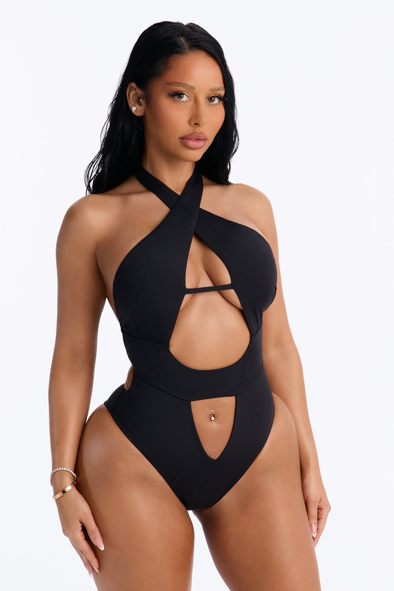 Peeking Through Halter Cut Out 1 Piece Swimsuit - Black image 1