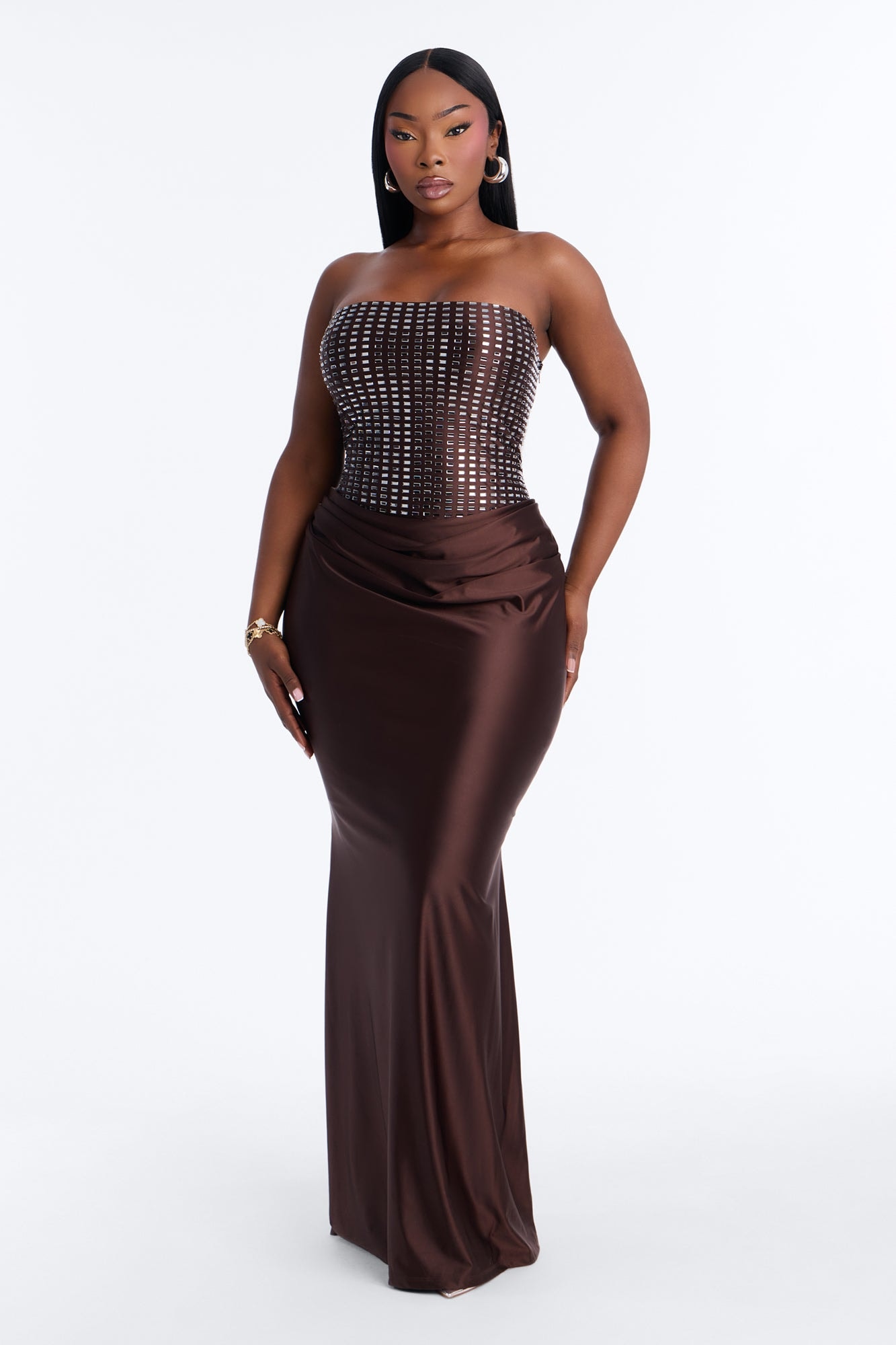 Gia Rhinestone Strapless Gown - Brown image 1