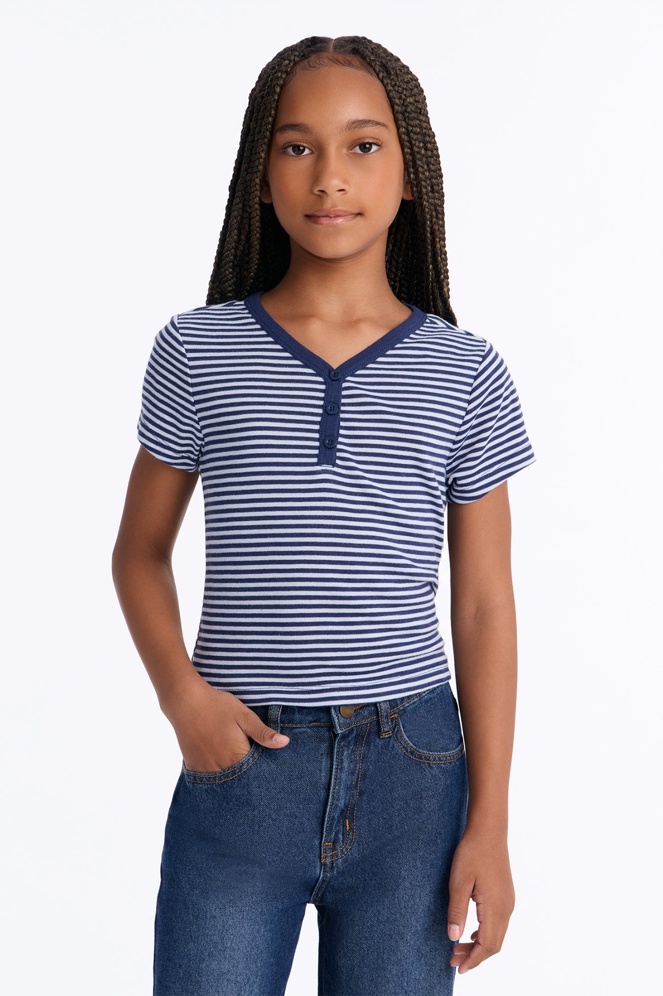 Mini Tell Me Striped Short Sleeve Henley - Blue/combo image 1