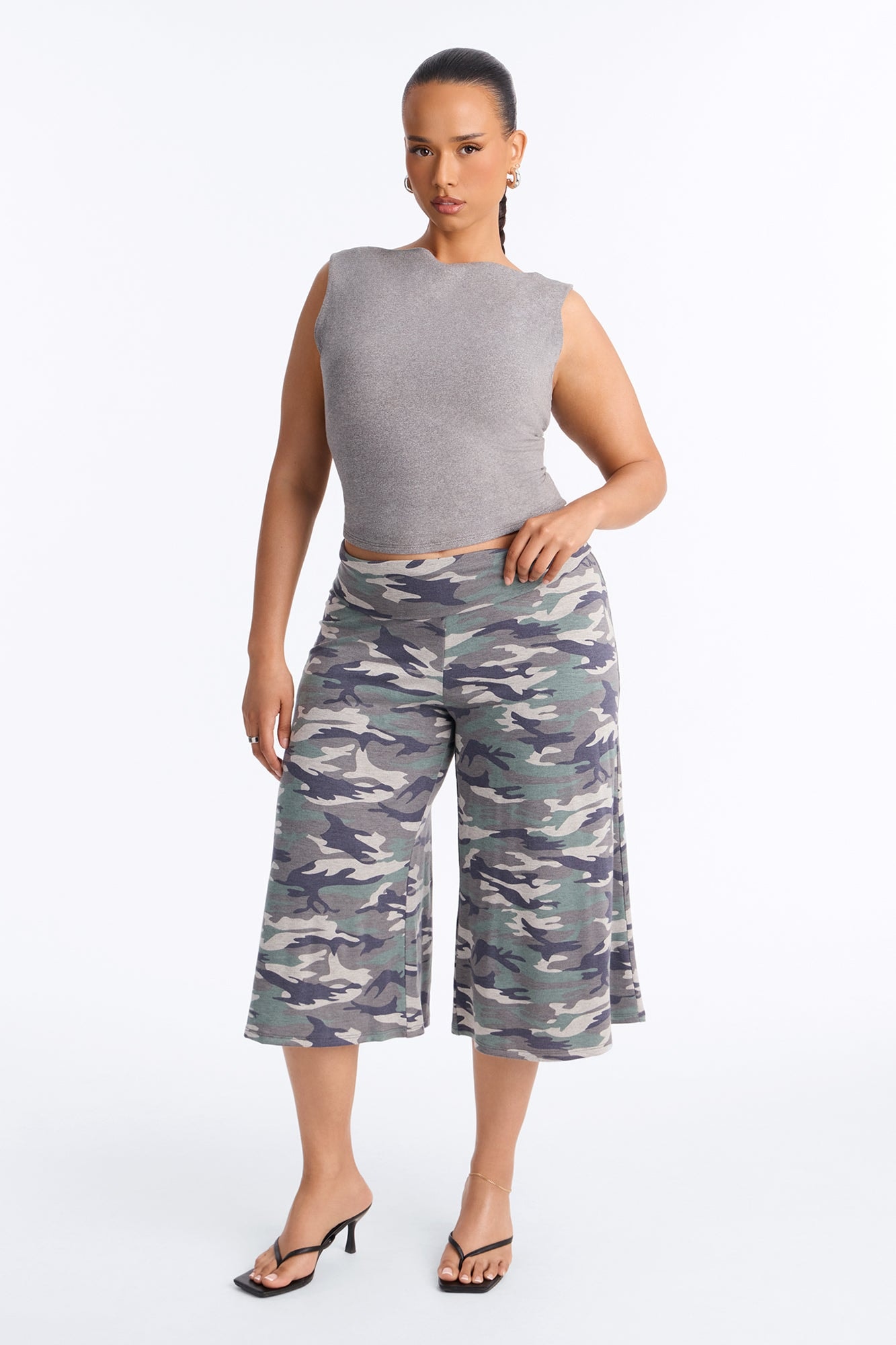 Kiki Camoflauge Low Rise Foldover Gaucho Pant - Green/combo image 1