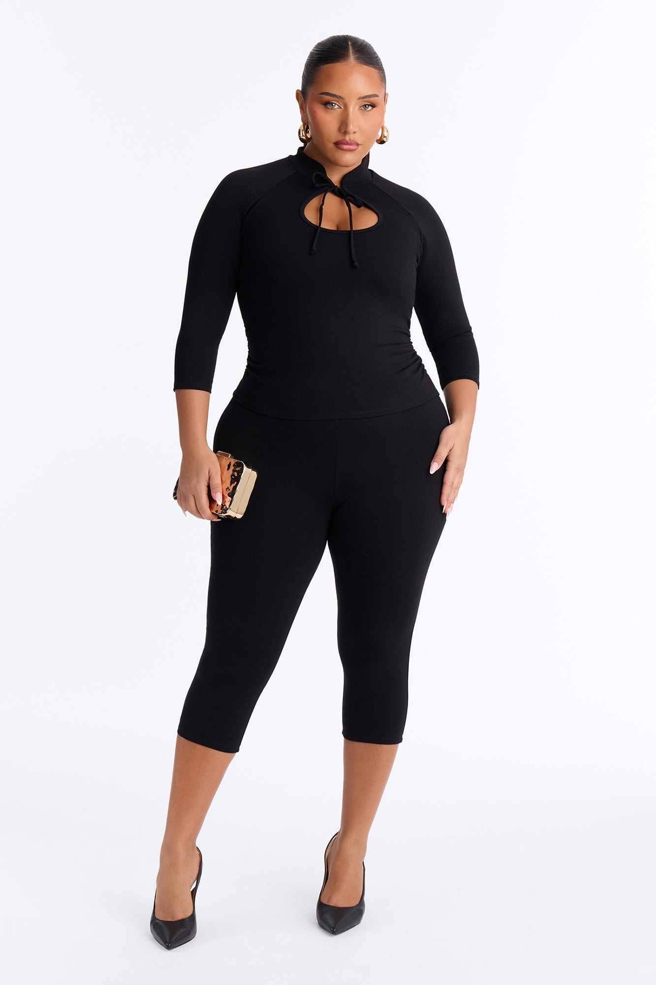 Payton Keyhole 3/4 Sleeve Capri Set - Black image 1