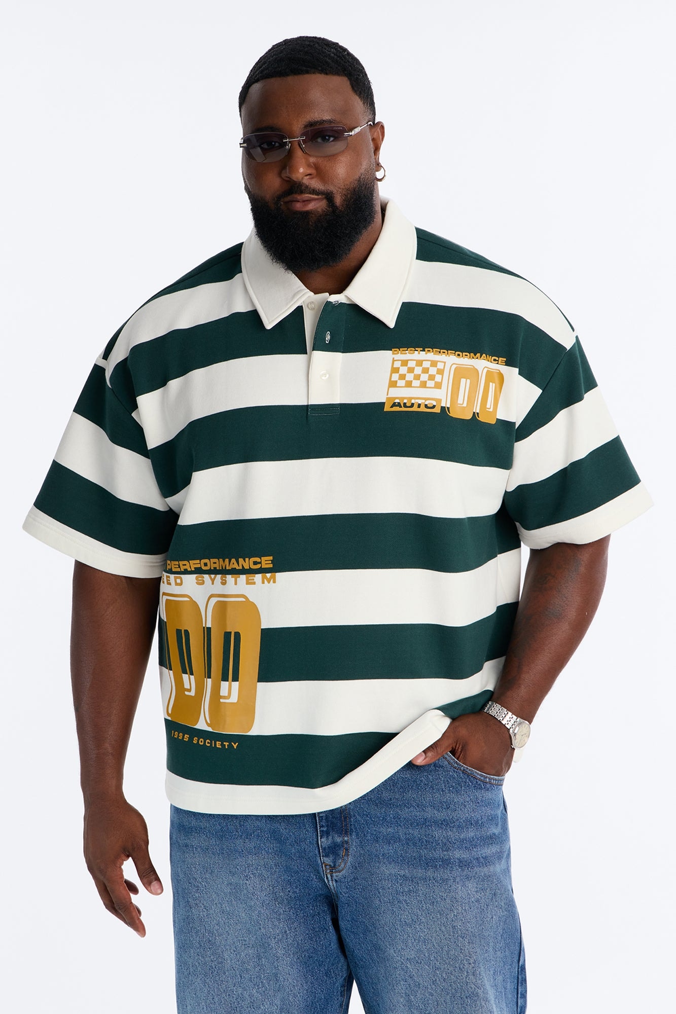 Racing Society Stripe Short Sleeve Fleece Polo - Green/combo image 1