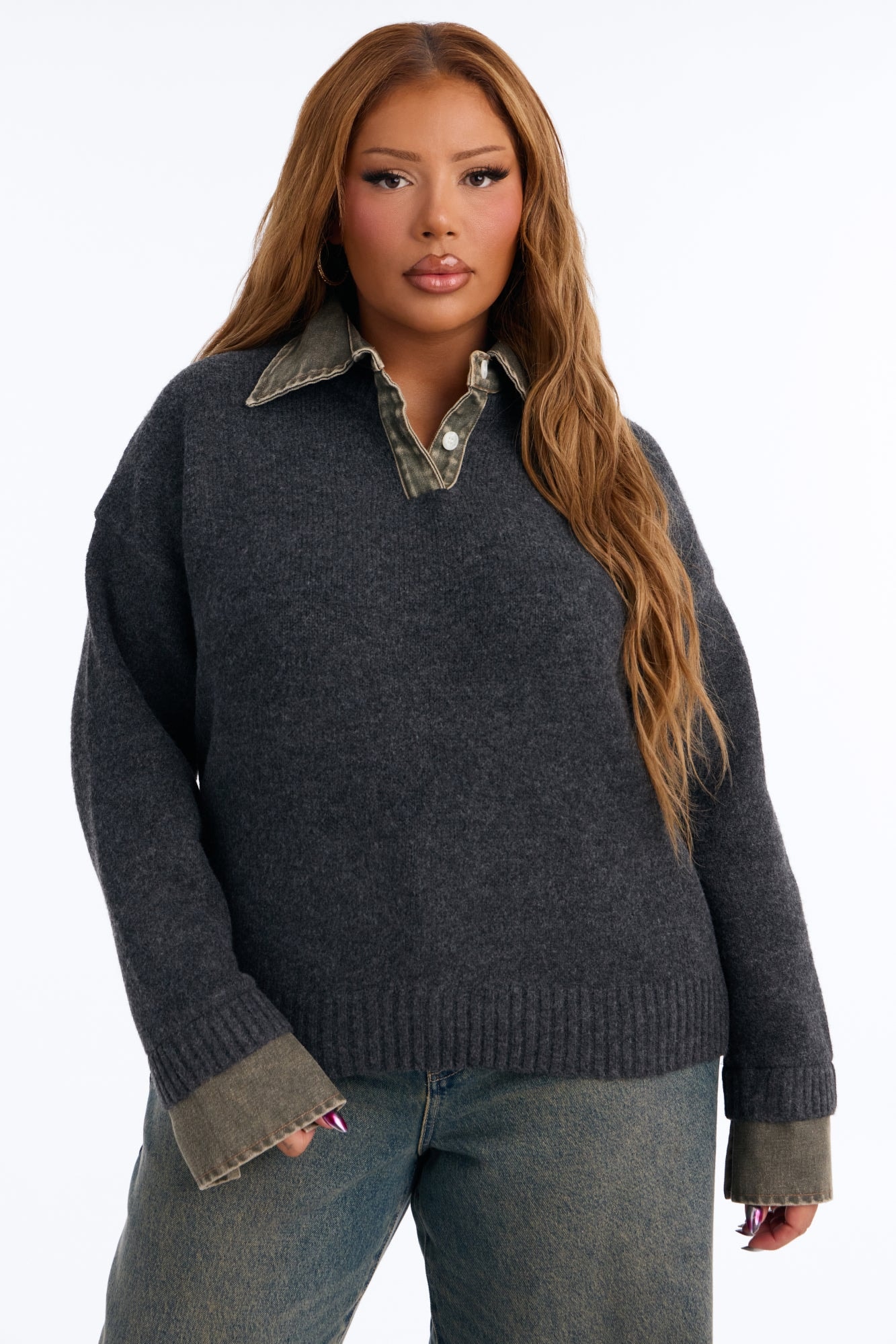 Serving Charm Denim Sweater - Charcoal/combo image 1