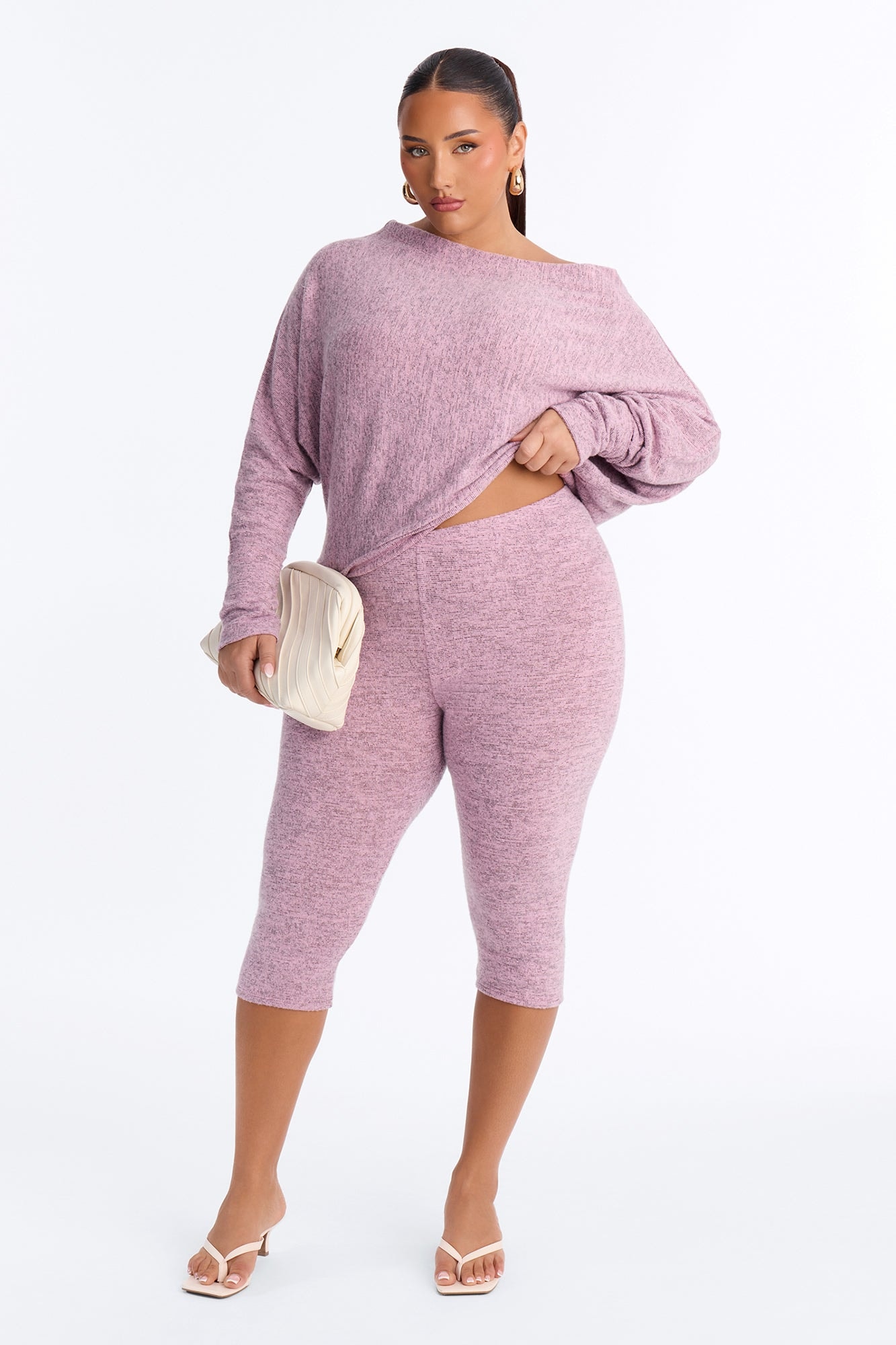 Clara Off Shoulder Hacci Capri Set - Pink image 1
