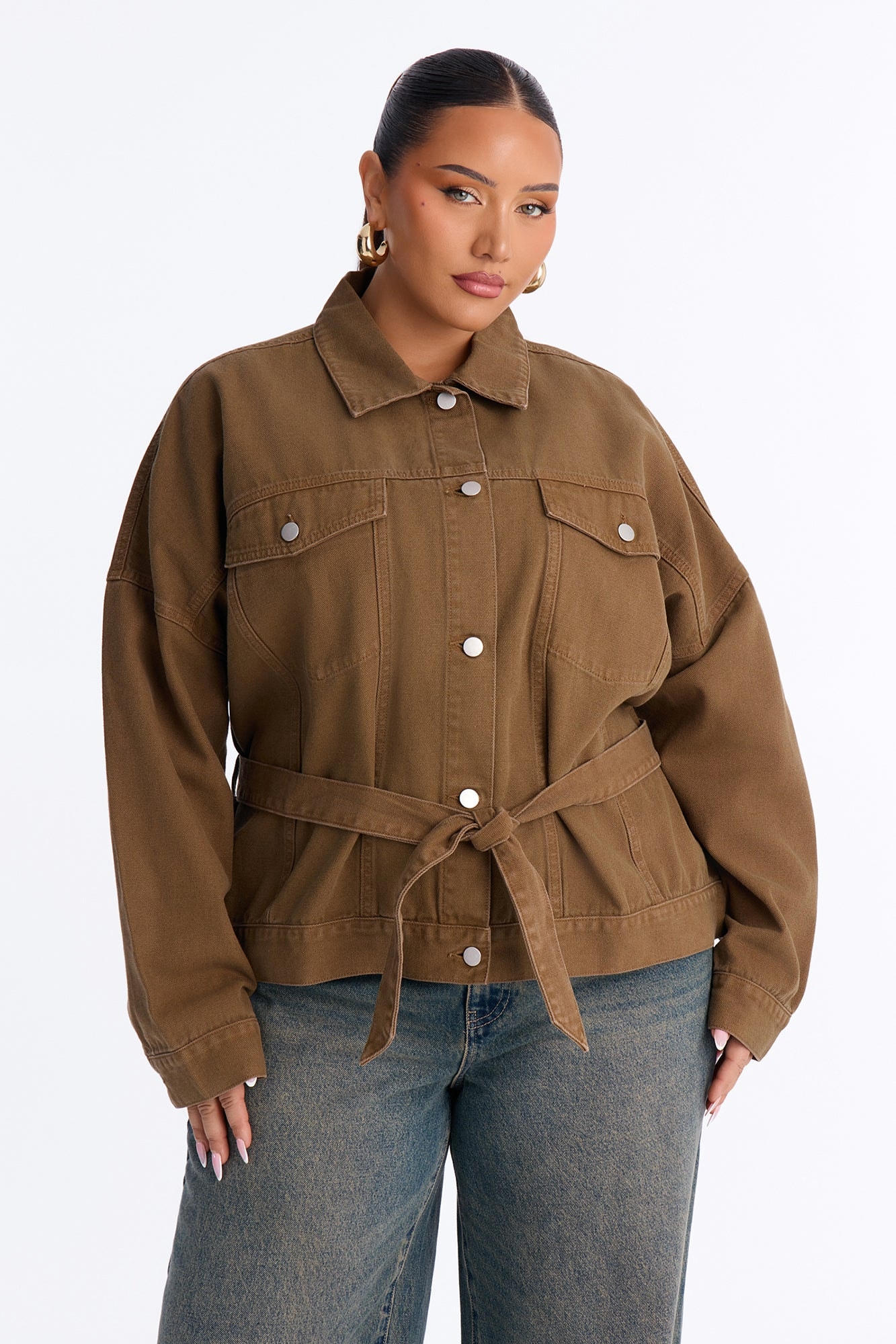 Hitting The Town Twill Belted Jacket - Military Green image 1
