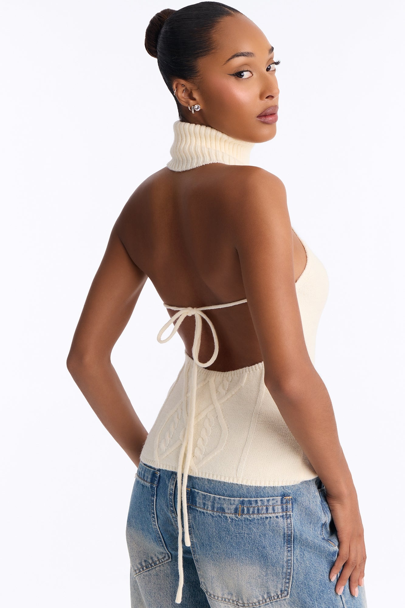 Morning Breeze Backless Halter Sweater Top - Cream image 1
