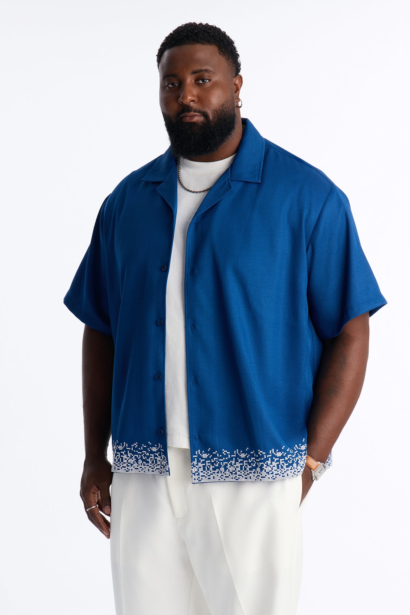Relaxed Cascade Embroidered Cuban Button Up Shirt - Navy/combo image 1