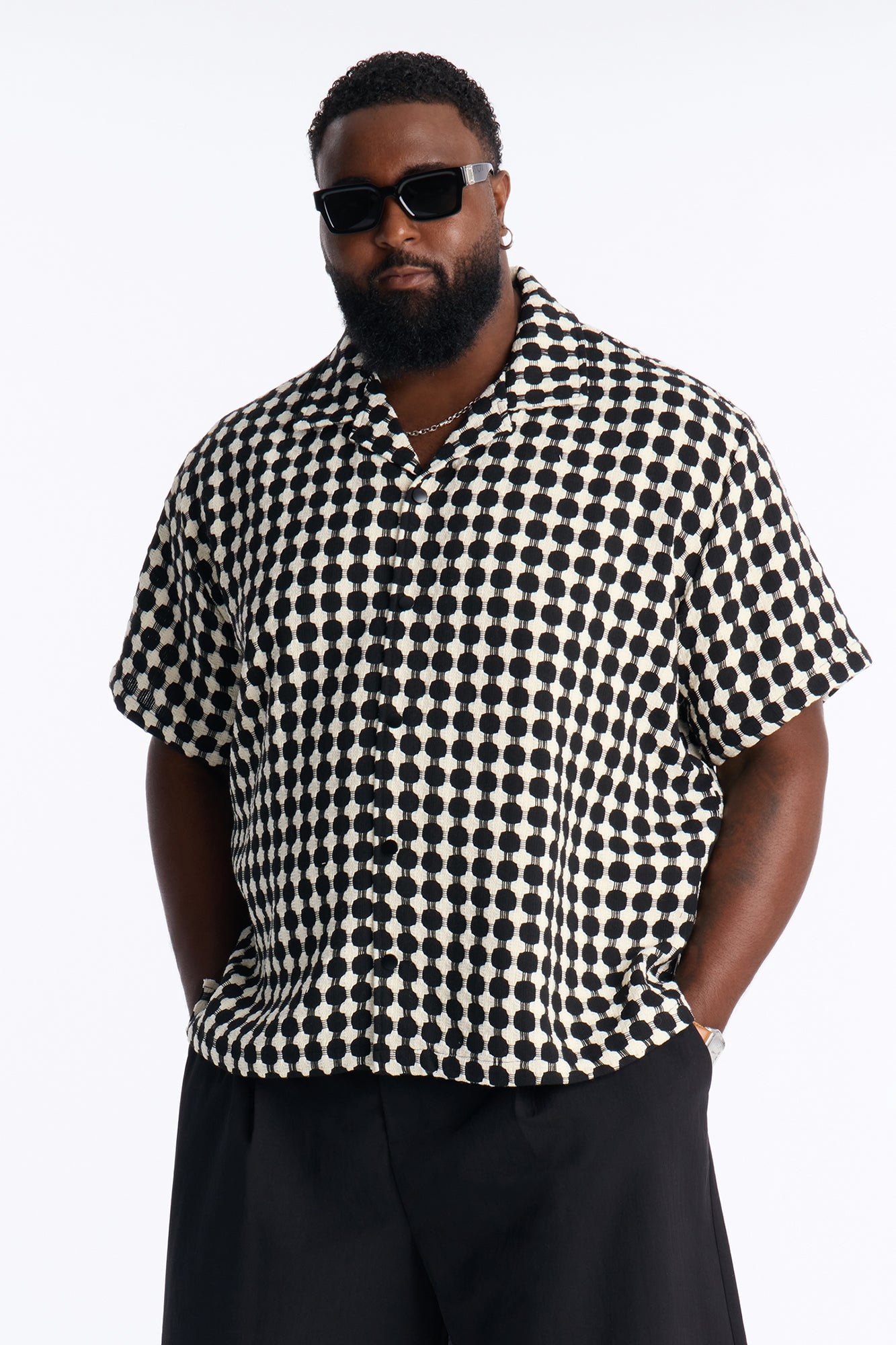Relaxed Weaved Jacquard Cuban Collar Button Up Shirt - Black/combo image 1