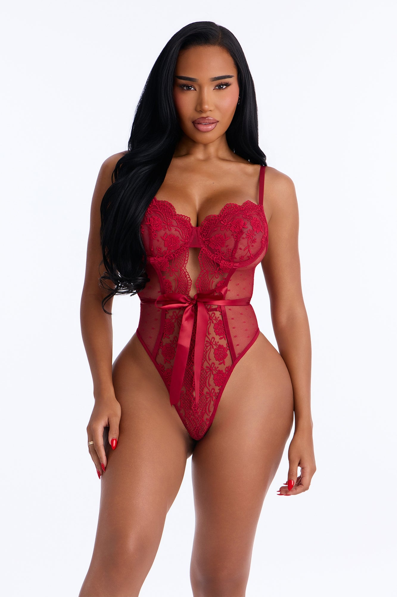 Be Mine Lace Tie Waist Teddy - Red image 1