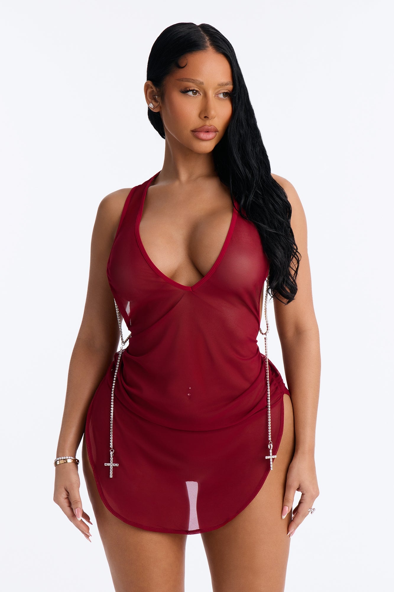 Laying Low Swim Cover Up Cross Chain Dress - Burgundy image 1