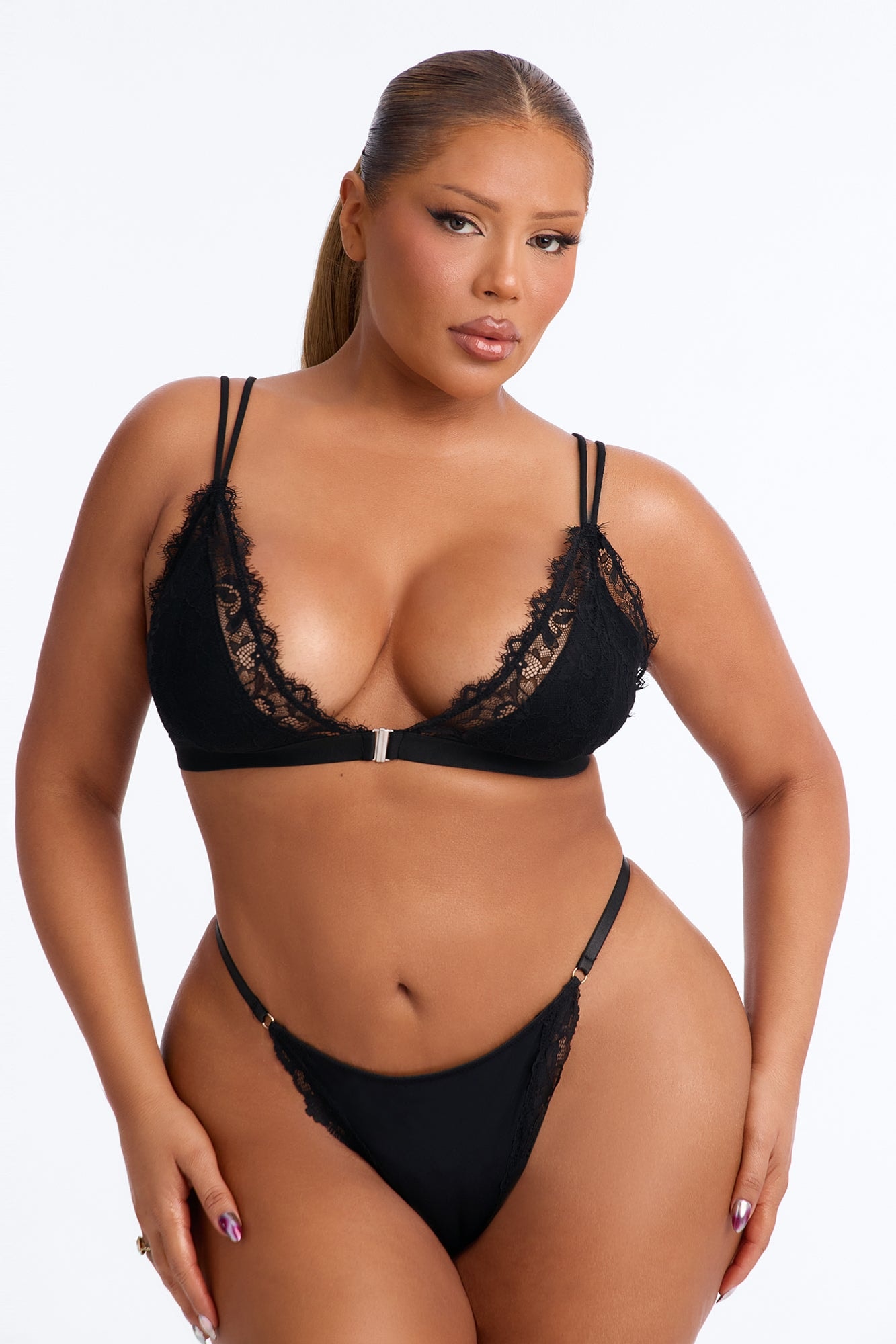 Dress Shiny Smooth Lace Trim Thong - Black image 1