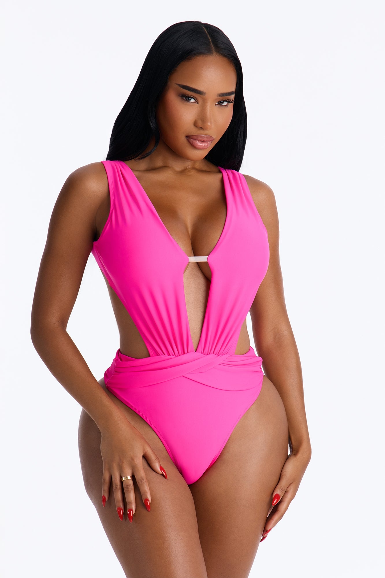 Indigo 1 Piece Cut Out Plunge Swimsuit - Neon Fuchsia image 1