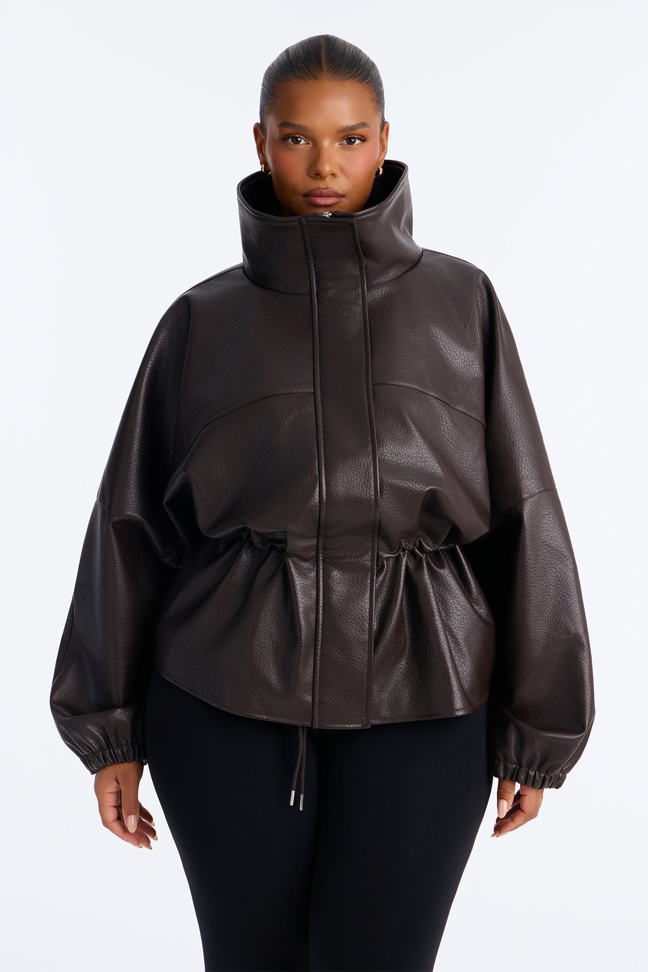Effortless Funnel Neck Faux Leather Anorak - Chocolate image 1