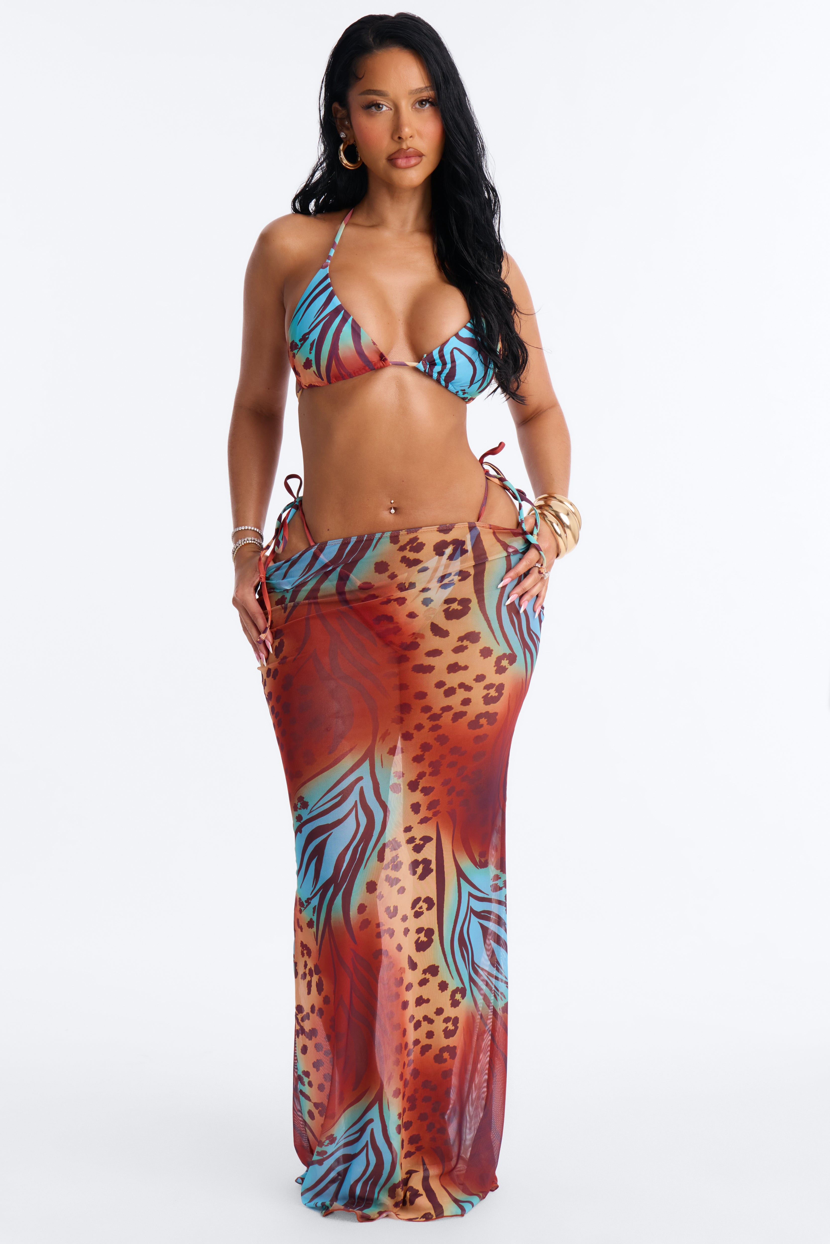 Cady Leopard 3 Piece Triangle Bikini Set & Cover Up Sunsuit - Multi Color image 1