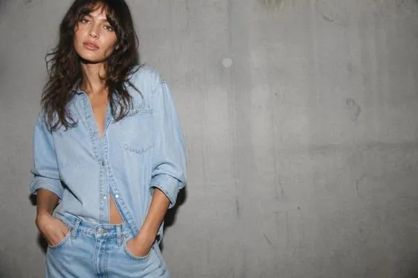 Close view of a light-wash denim outfit