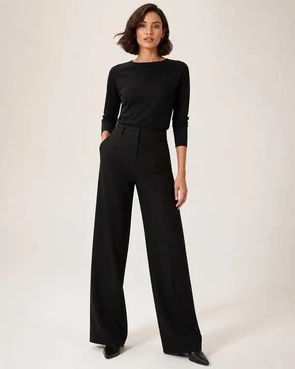 Model in black tailored wide-leg trousers