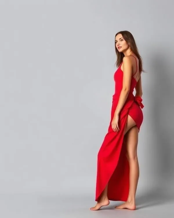Model in a red one-piece swimsuit
