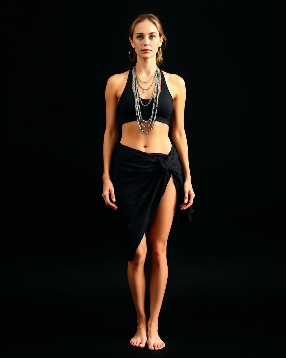 Model in a black one-piece swimsuit with silver jewelry